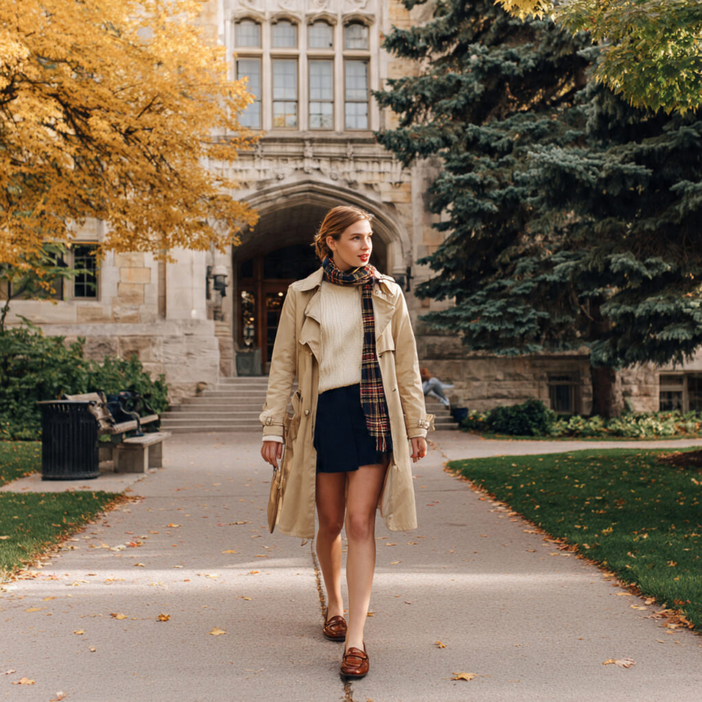 Preppy Back to School Outfits Using a Classic Trench with Scarf and Loafers