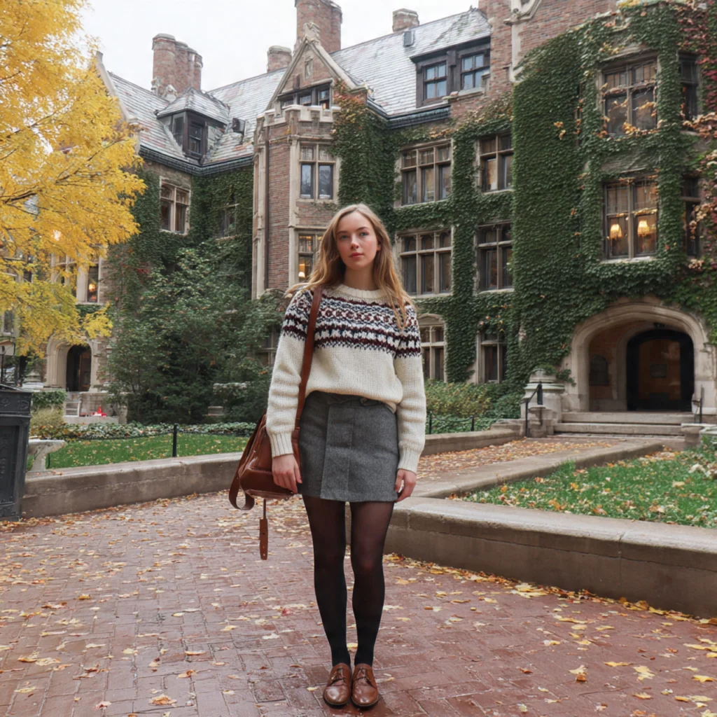 Preppy Back to School Outfits Using a Fair Isle Sweater and Tailored Skirt
