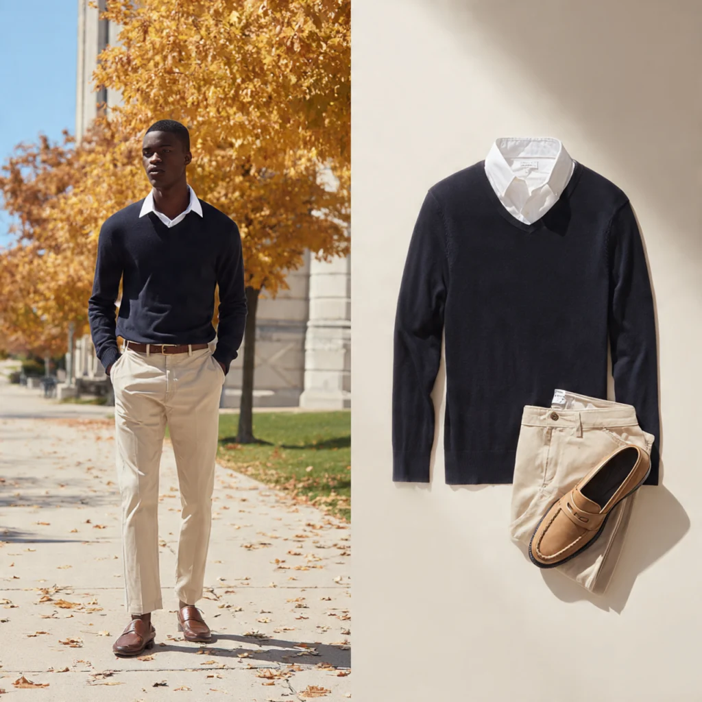 Preppy Back to School Outfits Using a Oxford Shirt and Sweater Combo
