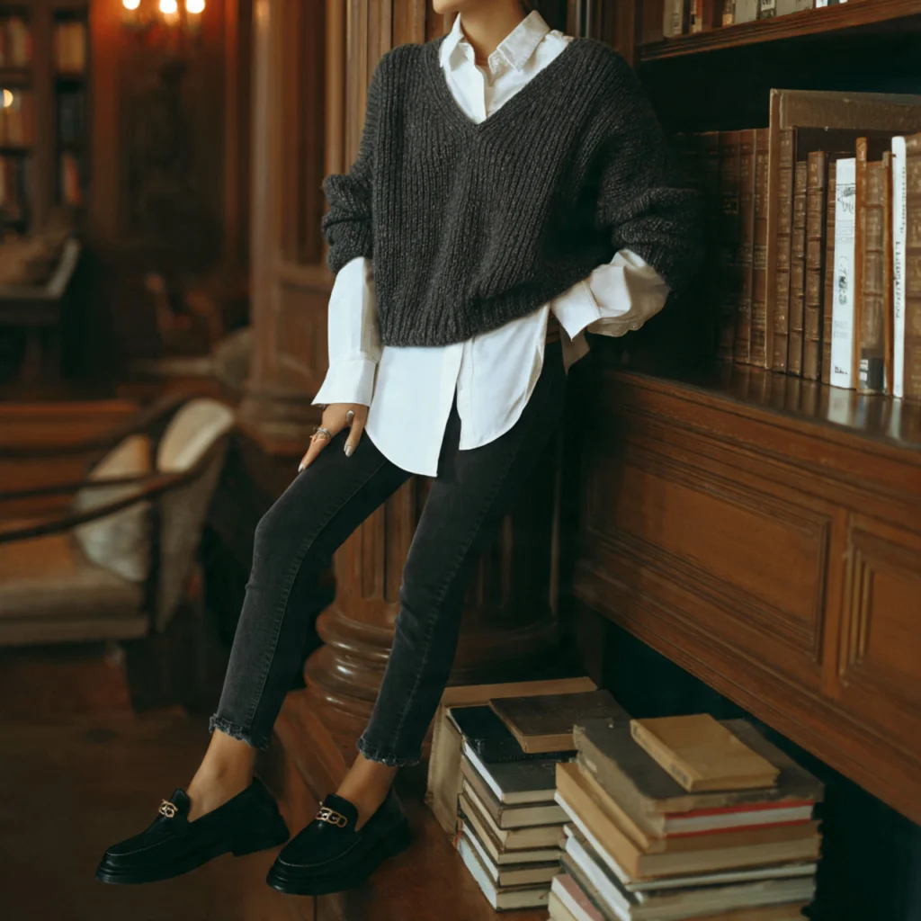 Preppy Back to School Outfits With a Cropped Sweater Over a Dress Shirt