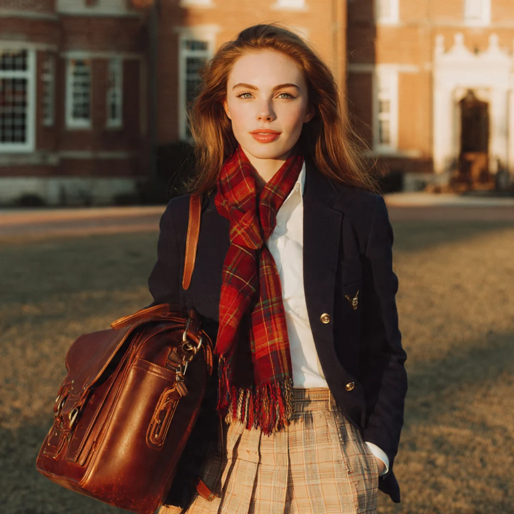 Preppy Back to School Outfits with a Tartan Scarf Accent