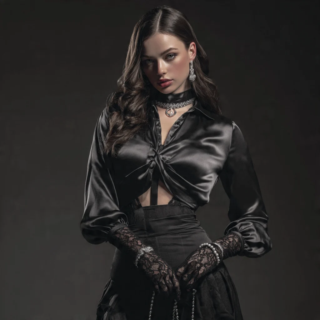 Romantic Goth Outfits in Monochrome Black with Subtle Shine