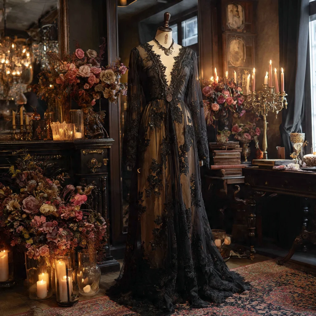 Romantic Goth Outfits with Dark Florals and Sheer Fabrics