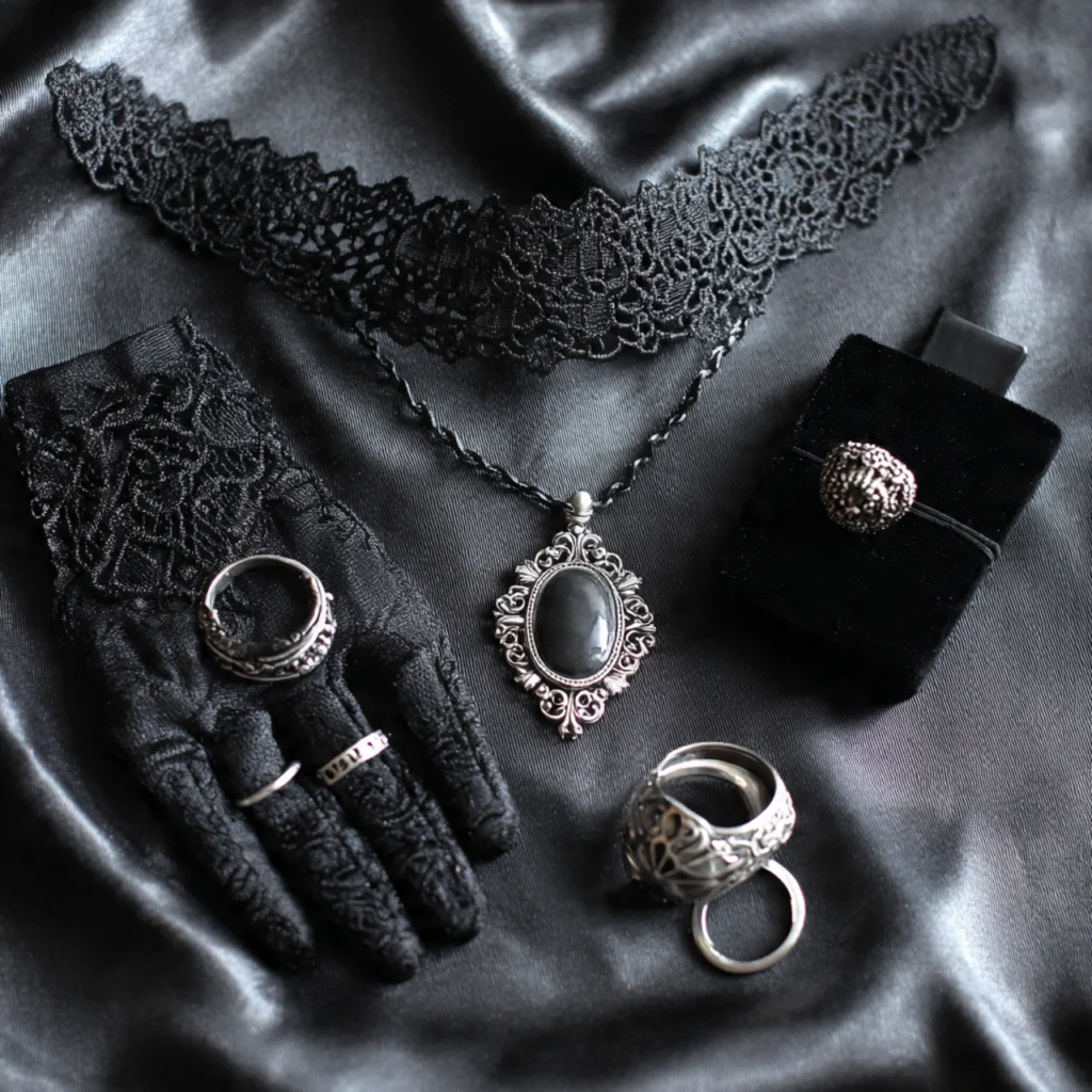 Romantic Goth Outfits with Elegant Accessories