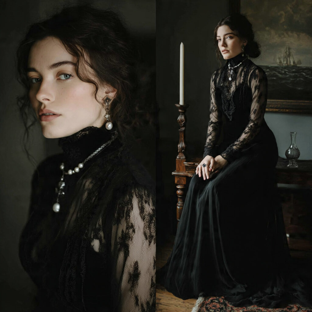 Romantic Goth Outfits with High Necklines and Long Sleeves