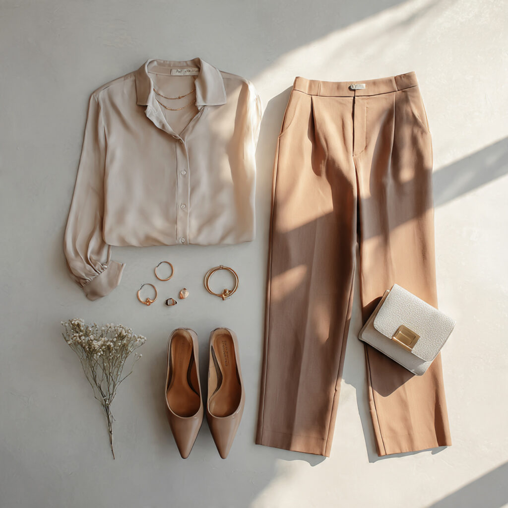 Silk Blouse and Sharply Cut Pants