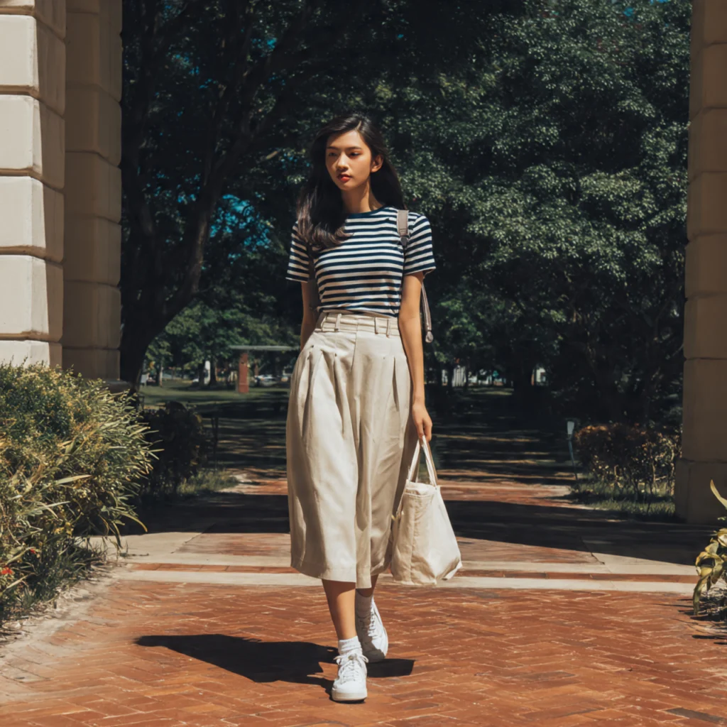 Striped Breton Top with Pleated Skirt