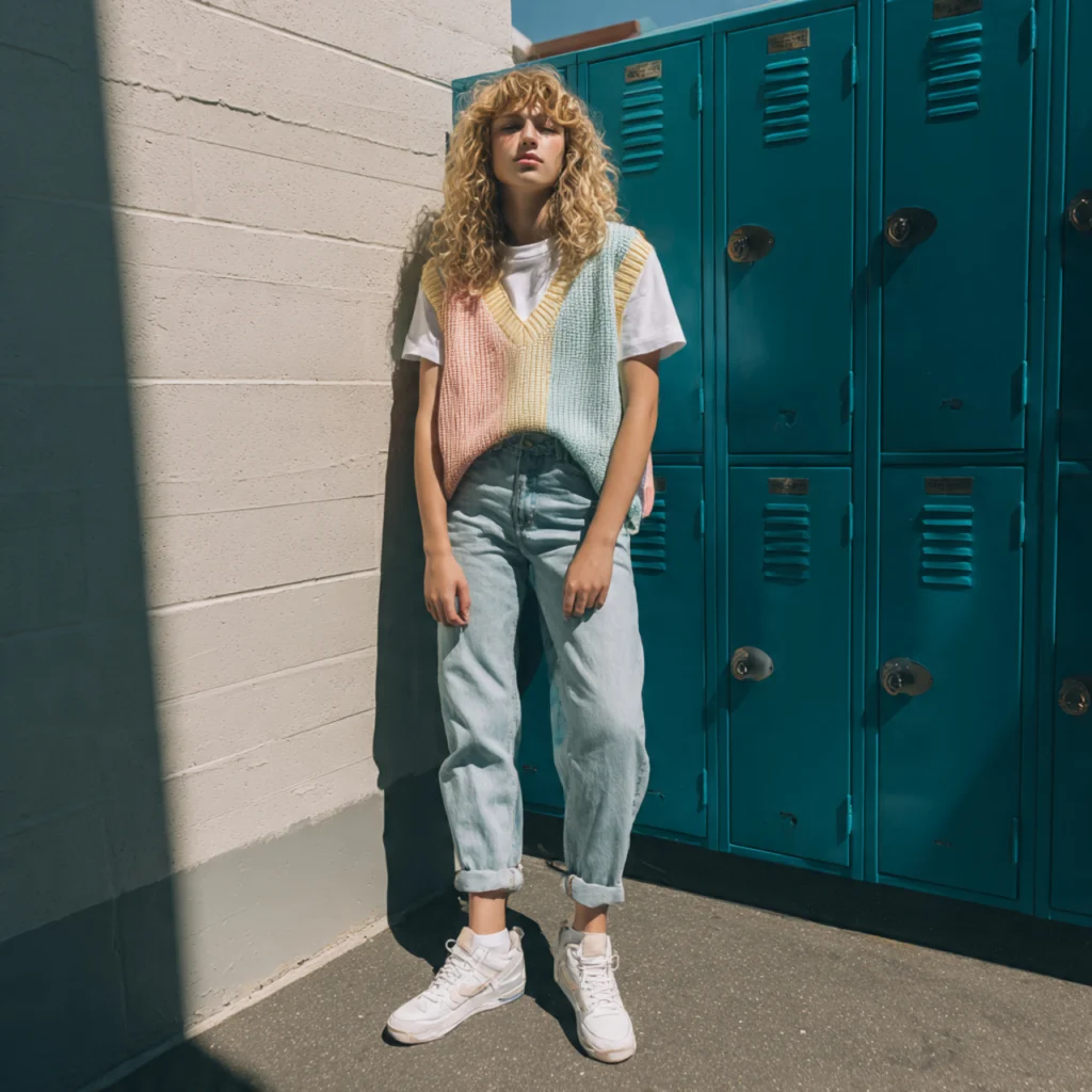Sweater Vest Over Short Sleeve Tee and Jeans