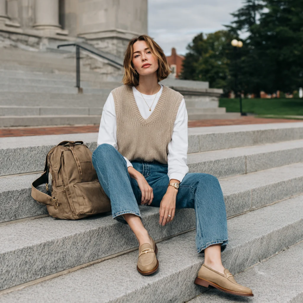 Sweater Vest Over a Long-Sleeve T-Shirt and Jeans