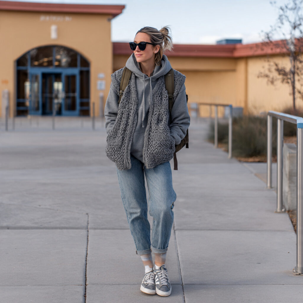 25 Best Winter Outfits for School: Cozy & Trendy Ideas 5 The Chunky Knit Vest Over Hoodie Idea