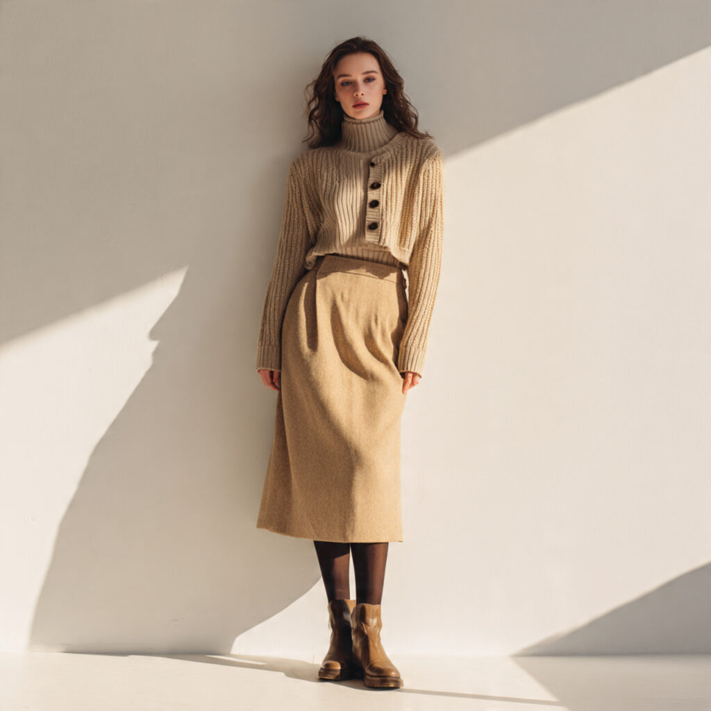 25 Best Winter Outfits for School: Cozy & Trendy Ideas 22 The High-Waisted Skirt and Cropped Cardigan Idea