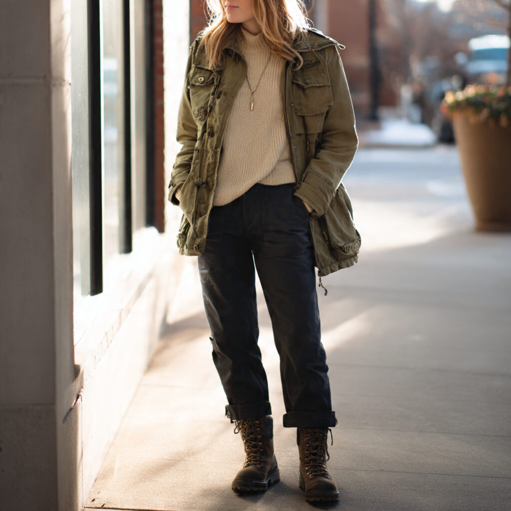 25 Best Winter Outfits for School: Cozy & Trendy Ideas 21 The Military Green Utility Jacket Idea