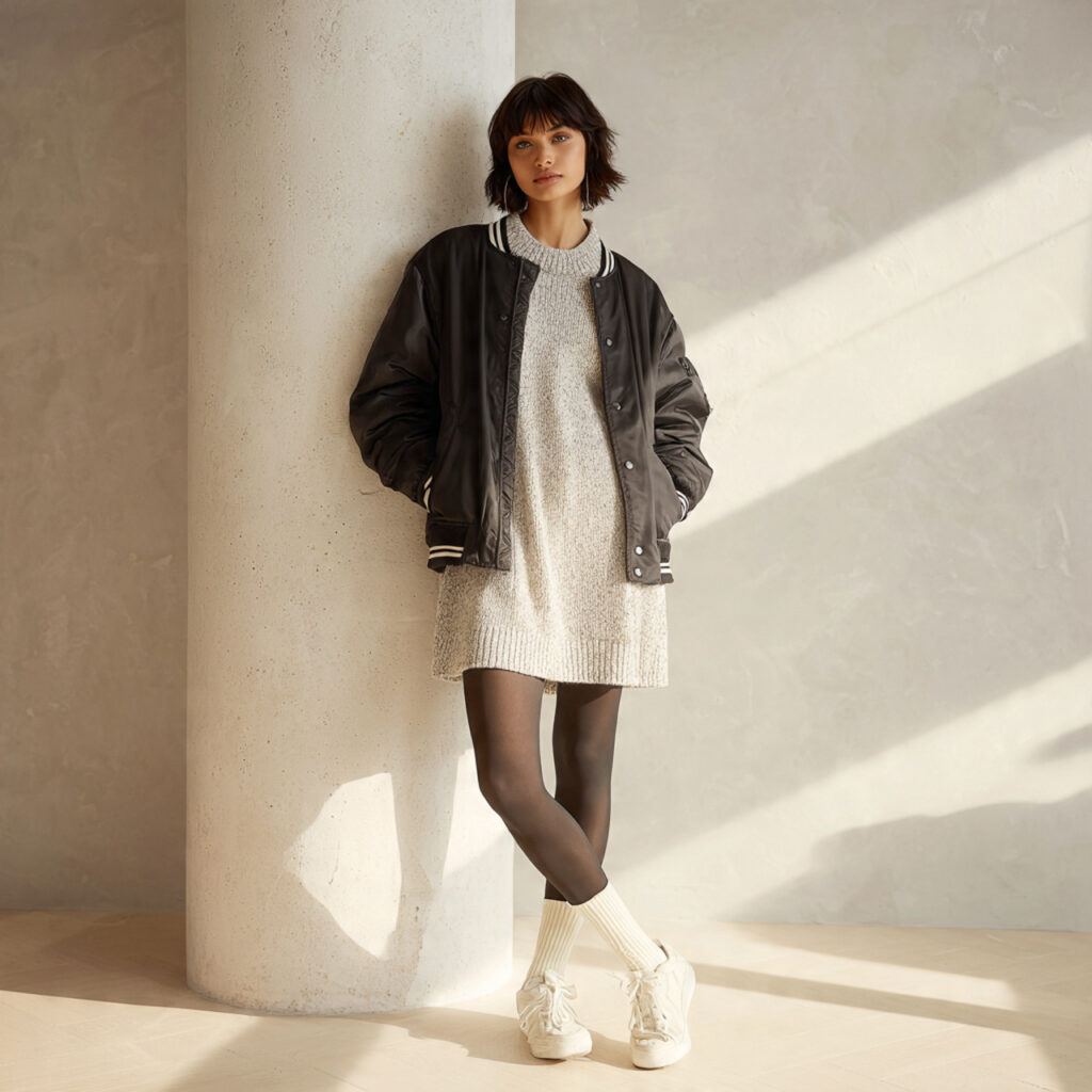 25 Best Winter Outfits for School: Cozy & Trendy Ideas 25 The Varsity Jacket and Knit Dress Idea