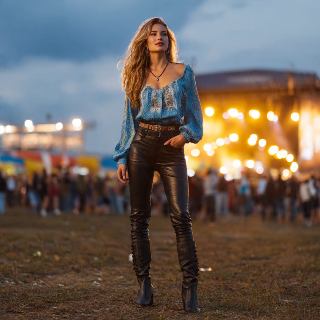 25 Trendy Country Concert Outfit Ideas to Rock Your Look 27 Western Blouse with Leather Pants