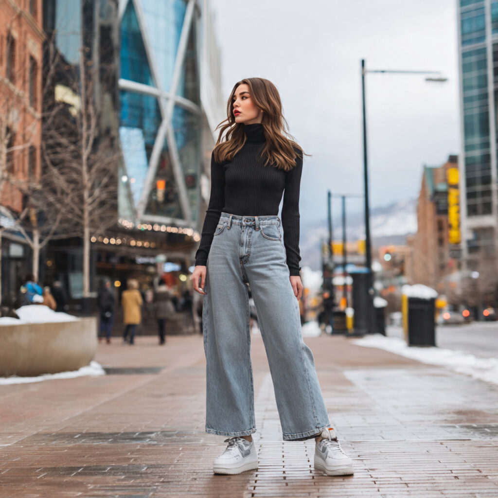 27 Trendy Winter Outfits for Teens: Layering, Color & Comfort 9 Wide-Leg Jeans and Turtleneck Idea