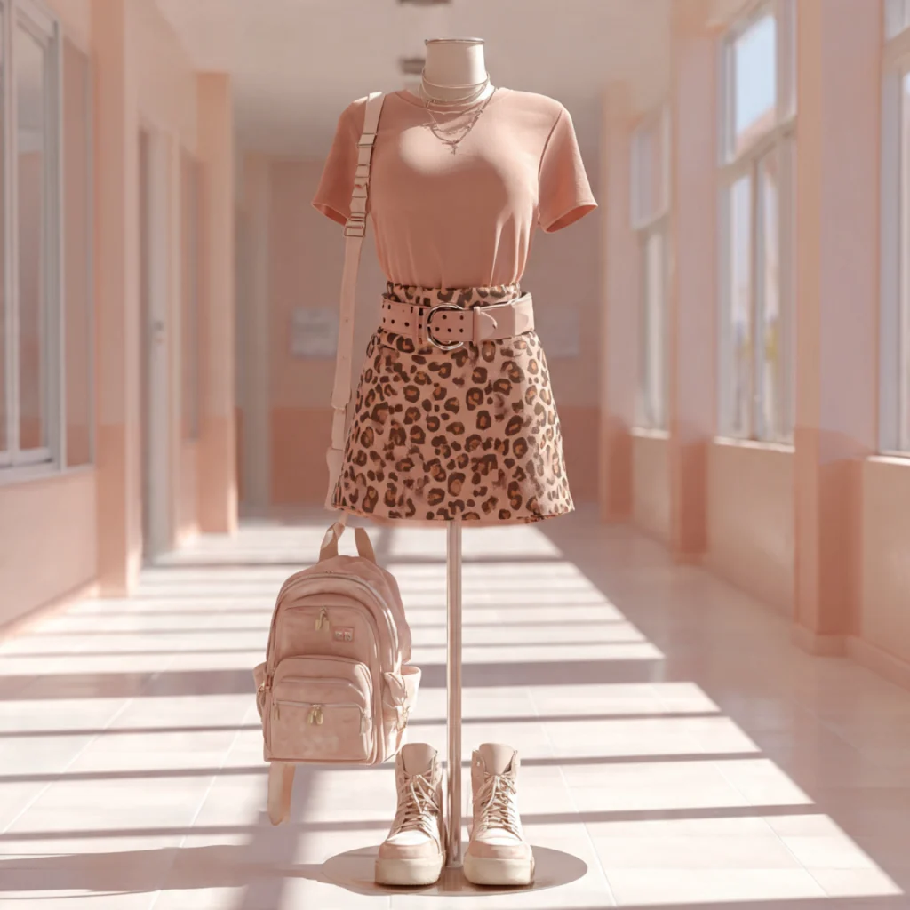 Y2K Back to School Outfits: Animal Print Mini and Solid Tee