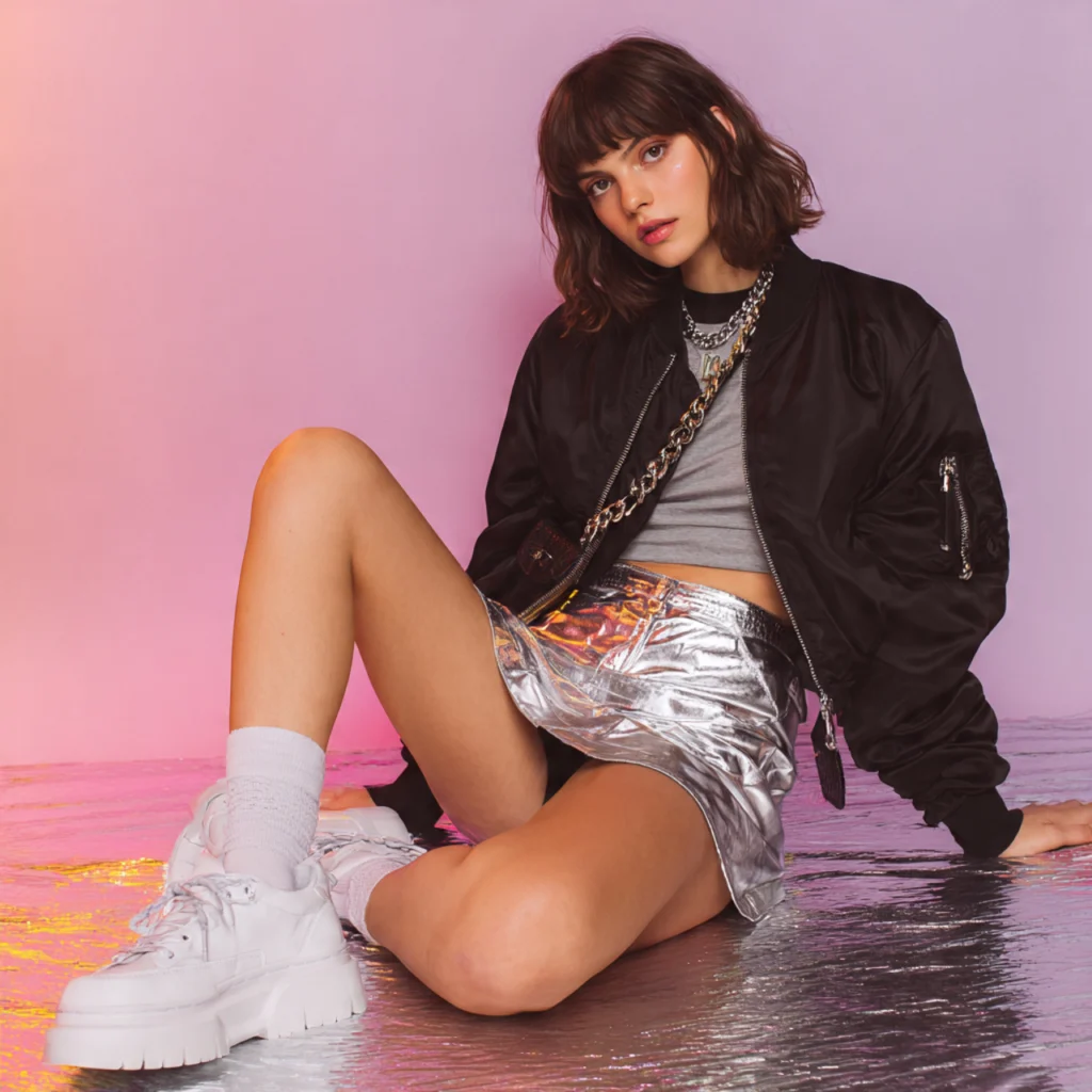 Y2K Back to School Outfits: Metallic Skirt with Bomber Jacket