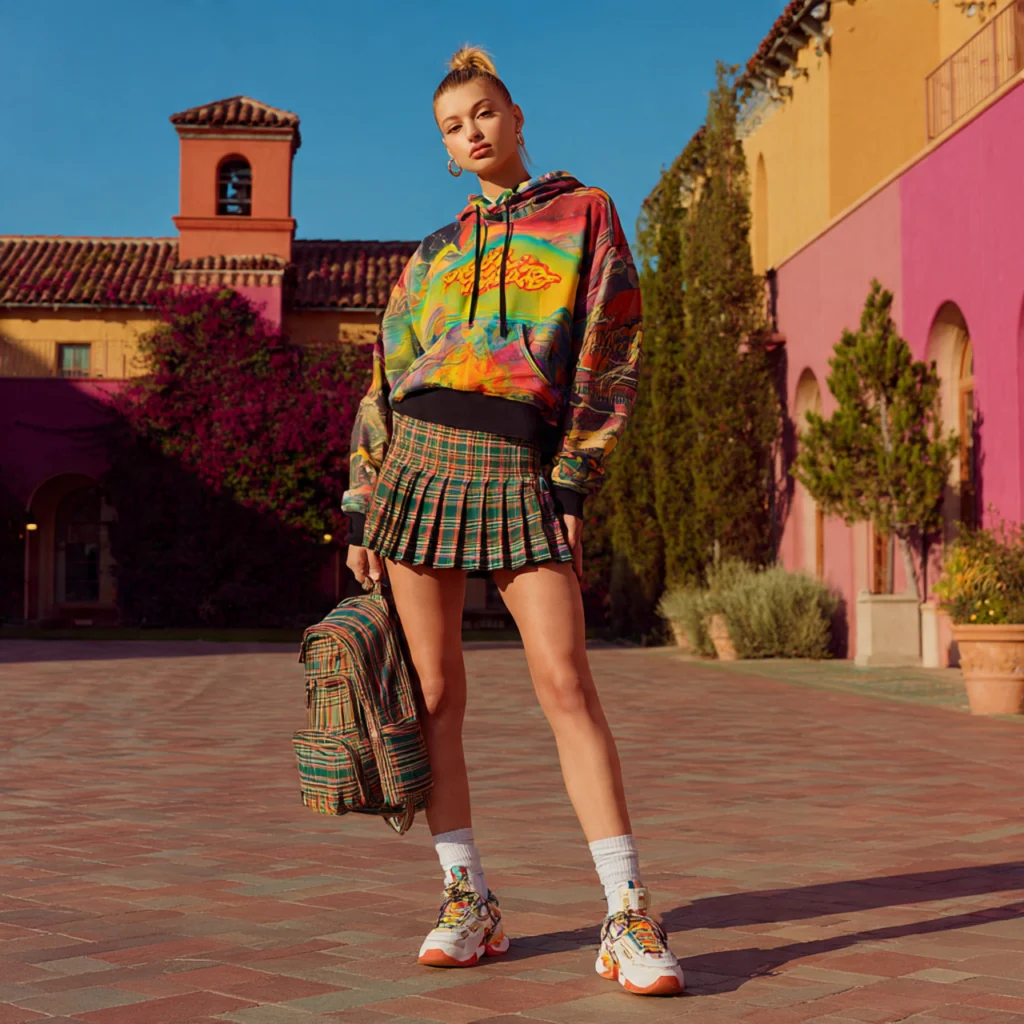 Y2K Back to School Outfits: Pleated Mini Skirt and Graphic Hoodie