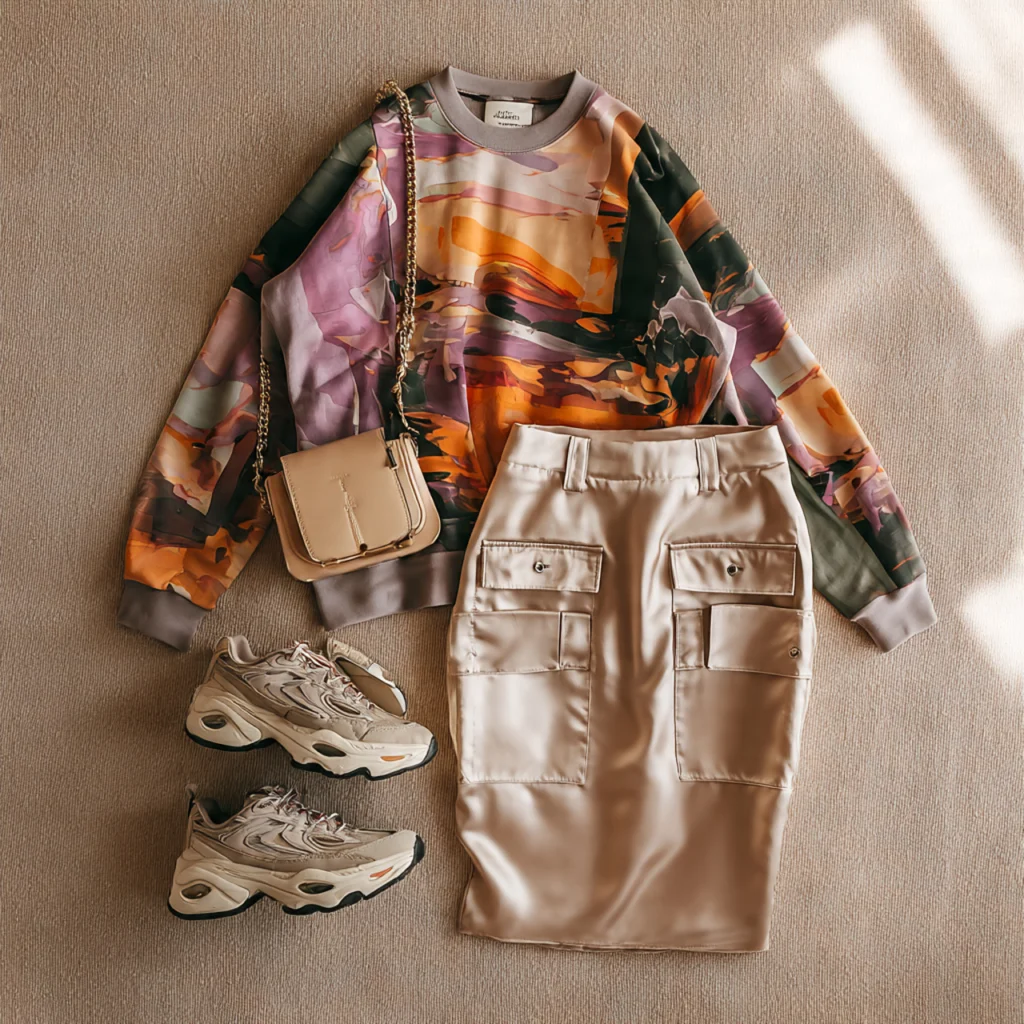 Y2K Back to School Outfits: Satin Cargo Skirt with Graphic Sweatshirt
