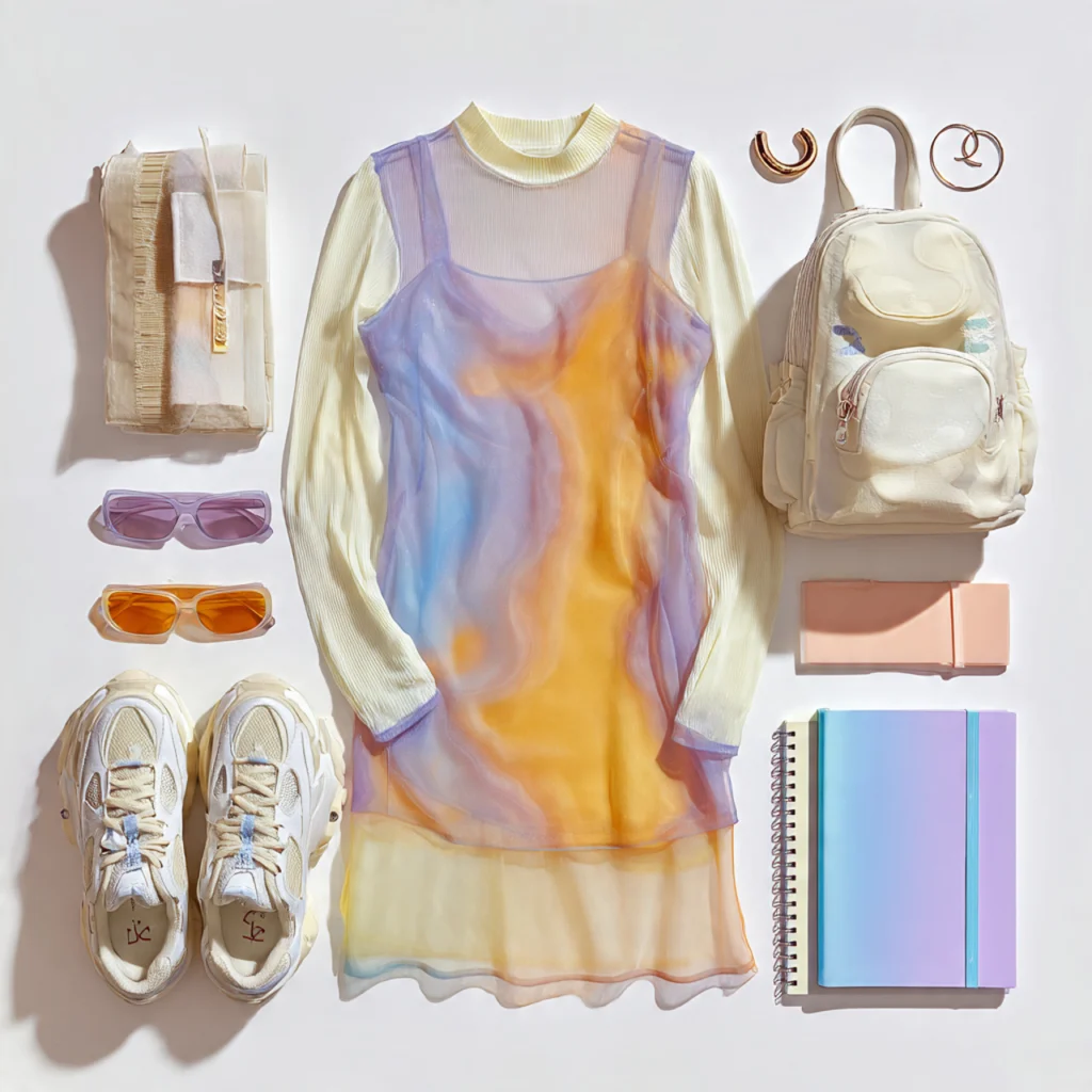 Y2K Back to School Outfits: Sheer Long-Sleeve Under Bold Dress