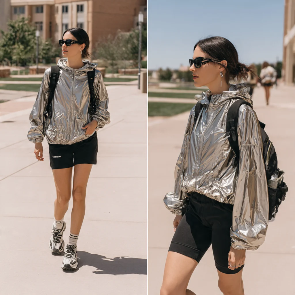 Y2K Back to School Outfits: Shiny Windbreaker with Biker Shorts