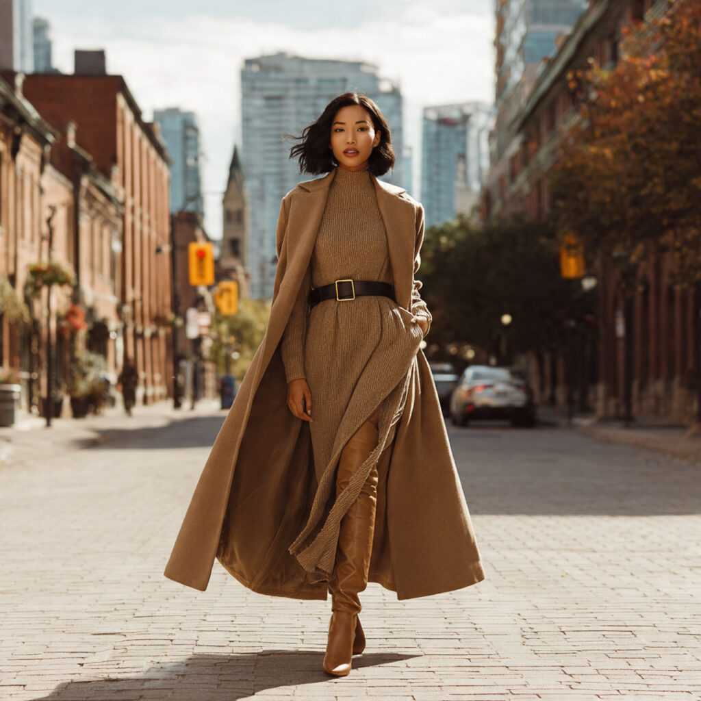 Belted Wool Coat Over a Maxi Dress Idea