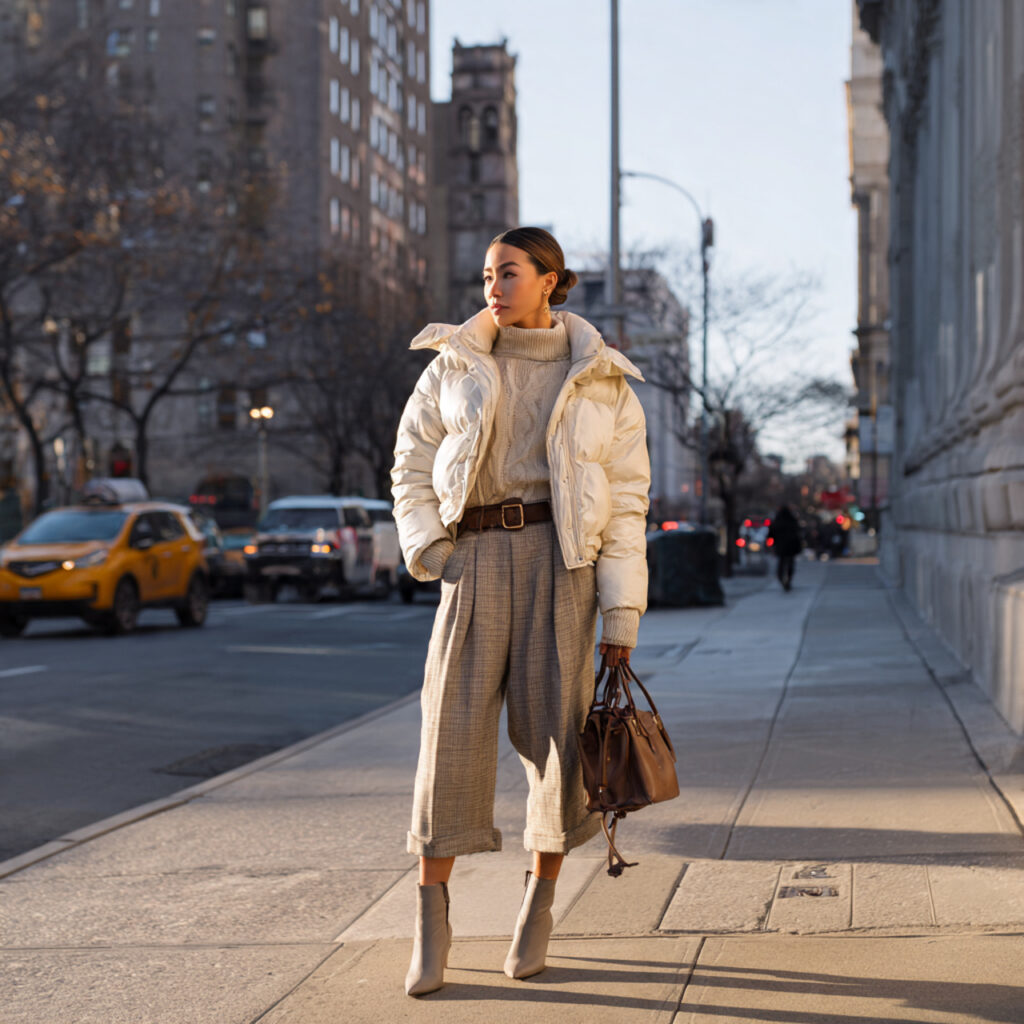 Chic Puffer Coat and Wide-Leg Trousers Idea