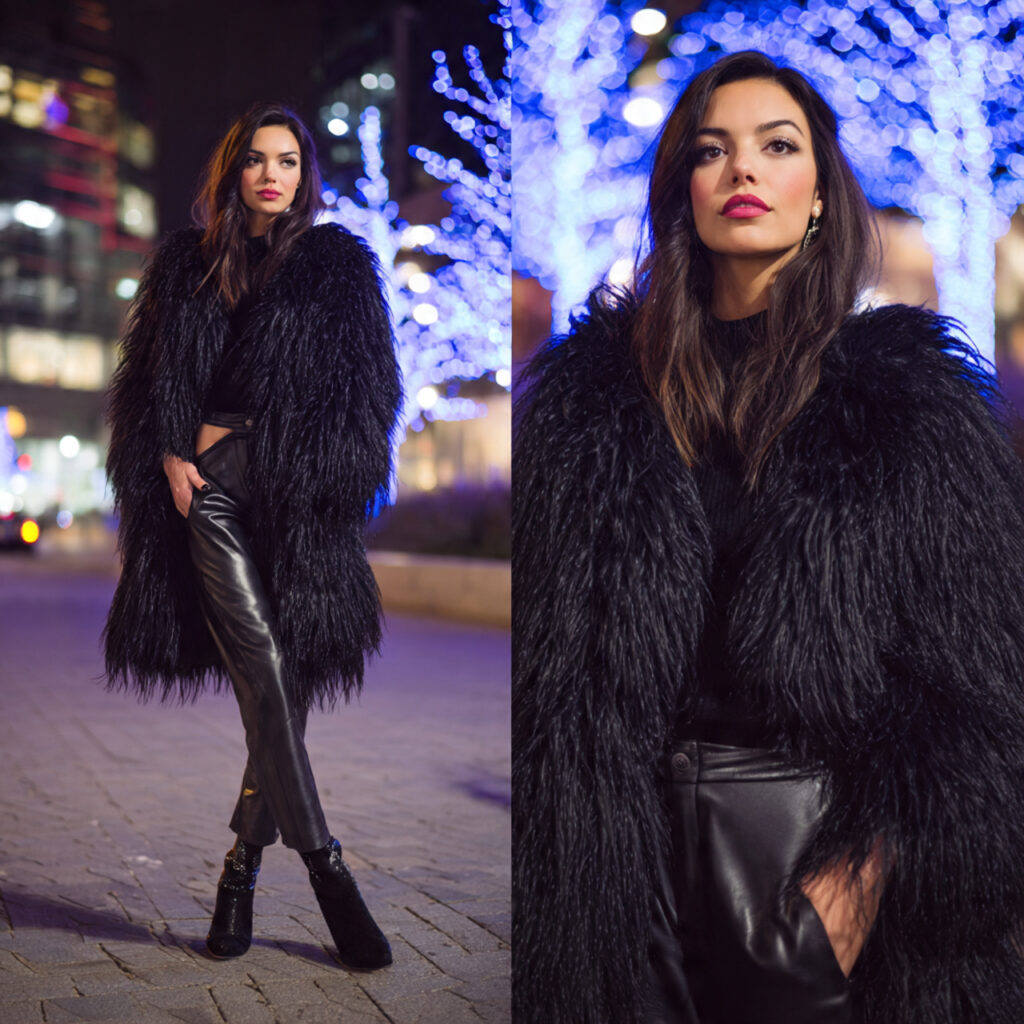 Faux Fur Coat and Leather Pants Idea