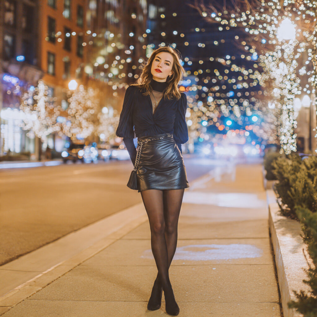 Faux Leather Mini Skirt and Opaque Tights Idea