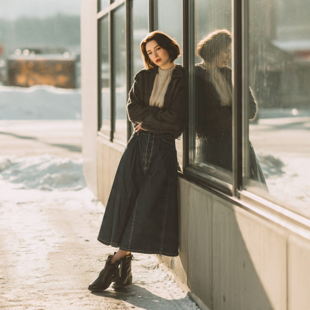 Long Denim Skirt with Boots