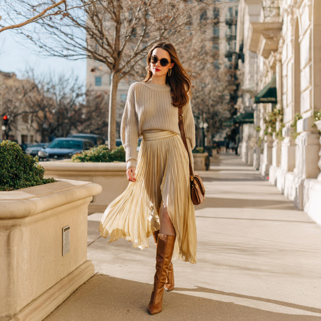 Mid-Calf Boot and Pleated Skirt Idea