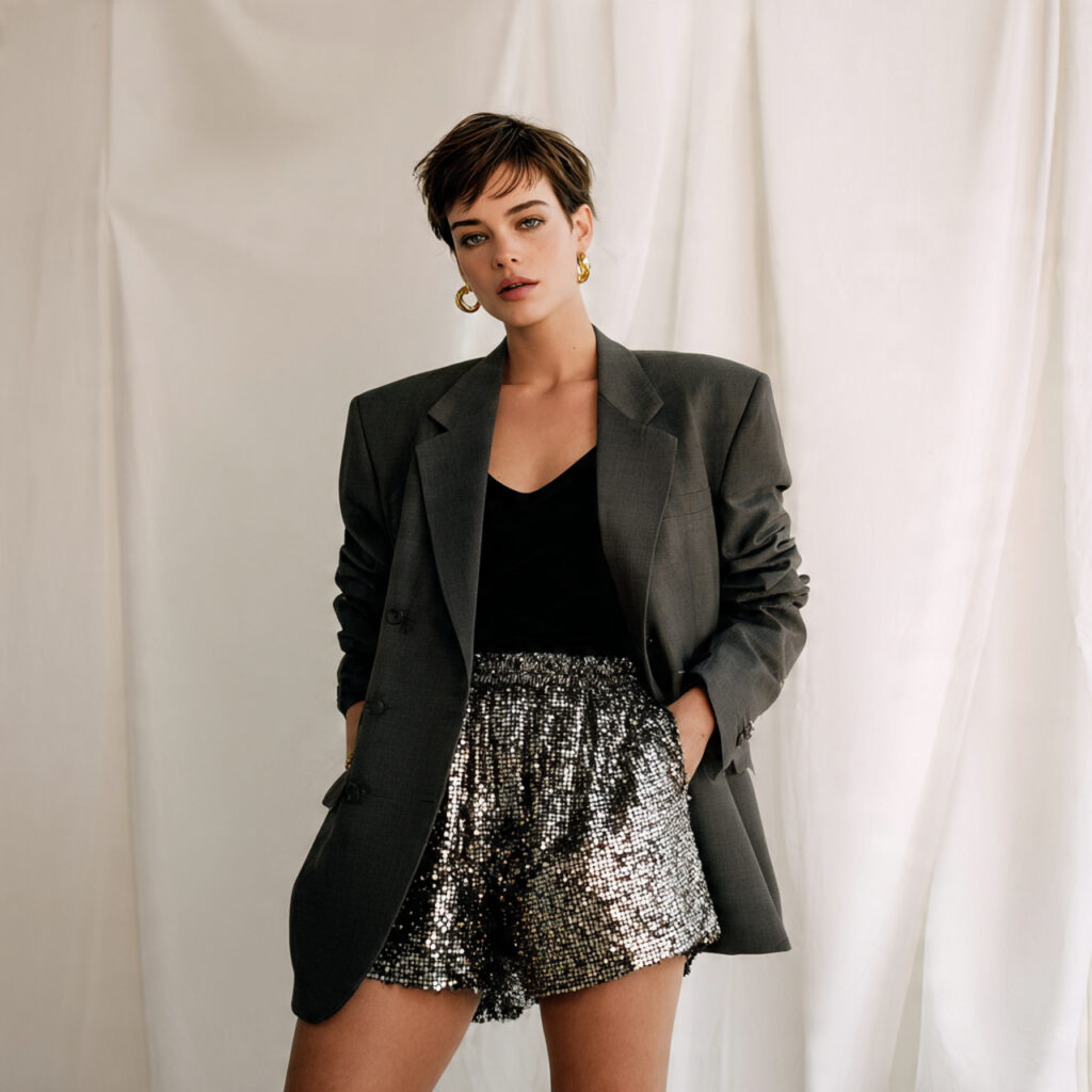 20 Best Party Outfit Ideas for Every Style & Occasion 11 Oversized Blazer and Sequin Shorts
