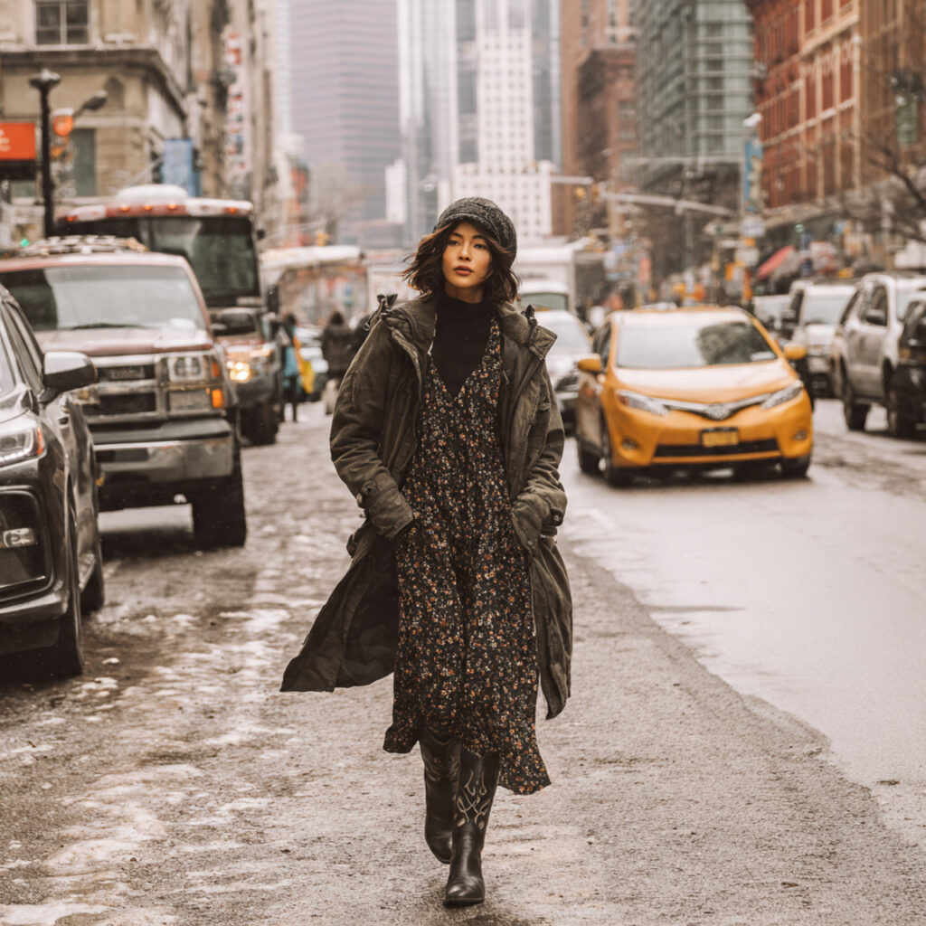 Western Boot and Feminine Dress Contrast Idea