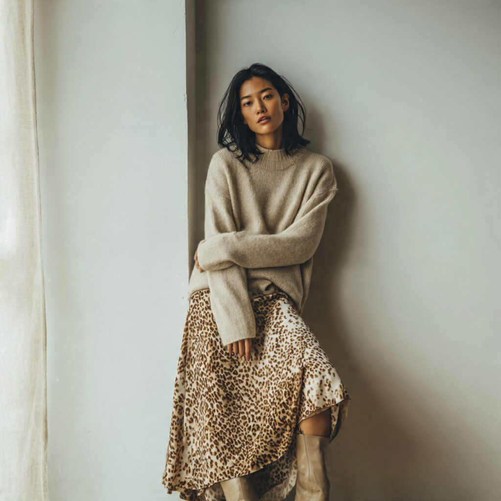 25 Trendy Western Outfit Ideas to Upgrade Your Wardrobe 24 Animal Print Slip Skirt and Cashmere Sweater Idea