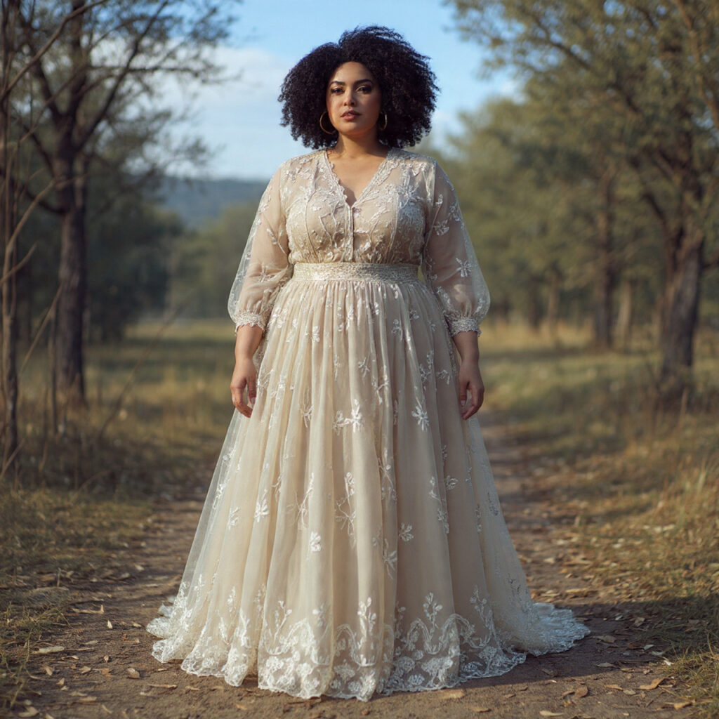 25 Best Plus Size Wedding Outfit Ideas: Stunning Styles for Every Celebration 4 Bohemian Inspired Embroidered Mesh Gown