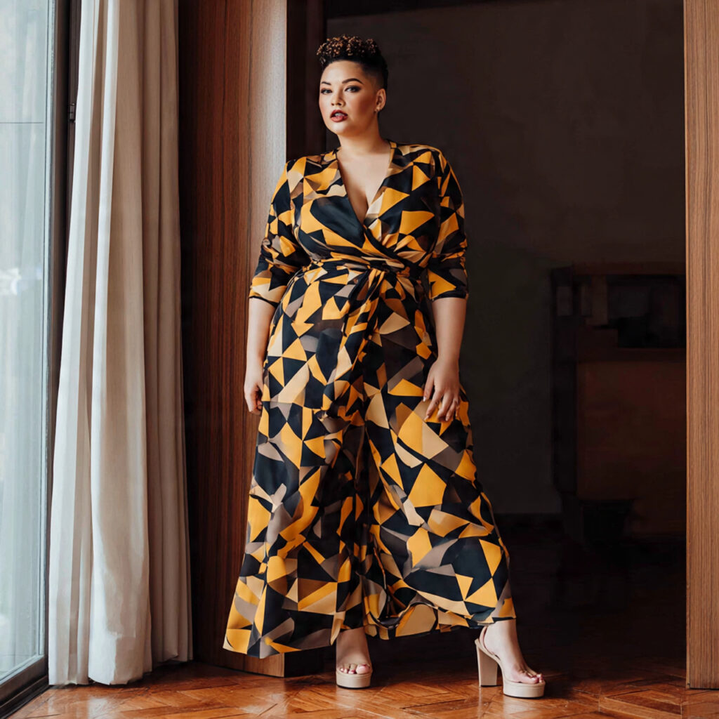 25 Best Plus Size Wedding Outfit Ideas: Stunning Styles for Every Celebration 15 Bold Geometric Print Wrap Jumpsuit