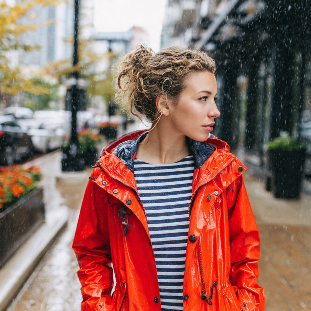 Bold Red Raincoat and Navy Nautical Stripes Idea