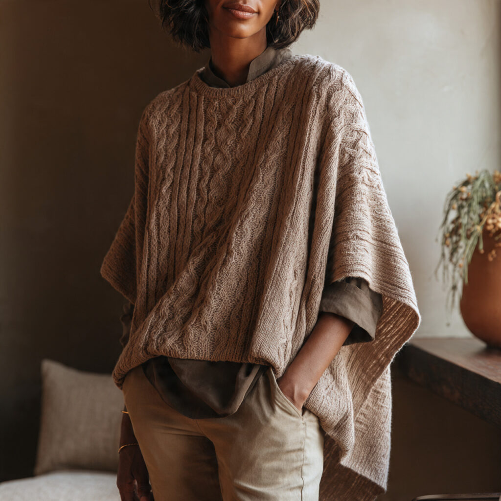 Cable Knit Poncho with Slim Fit Chinos