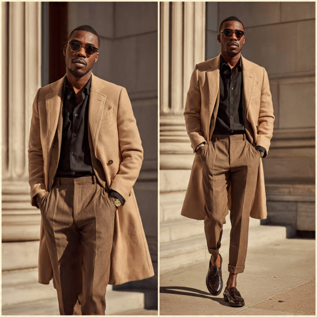 Camel Overcoat and Tapered Dress Pants
