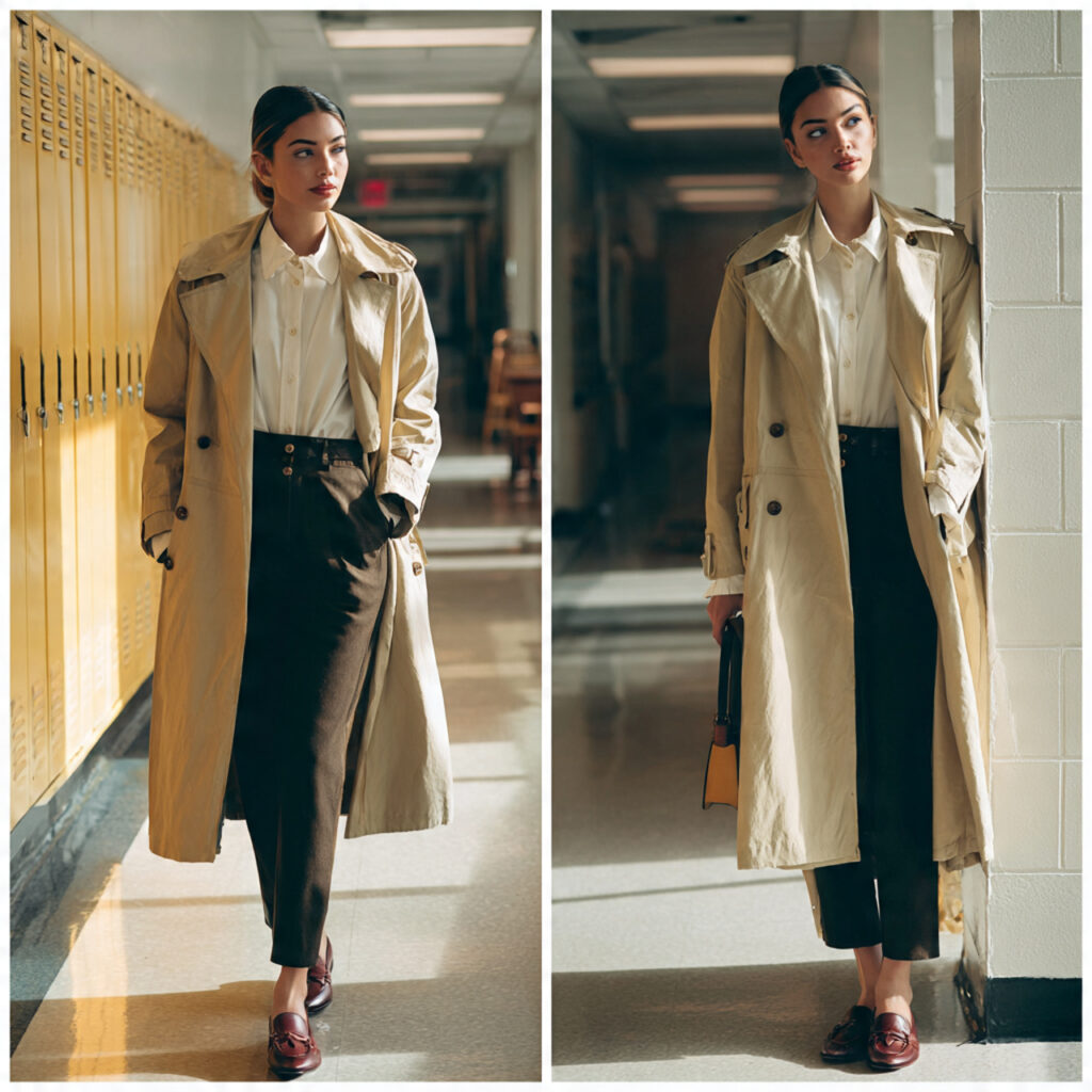20 Best Teacher Outfit Ideas: Stylish, Comfortable Looks for Every School Day 7 Classic Trench Coat and Loafers Idea