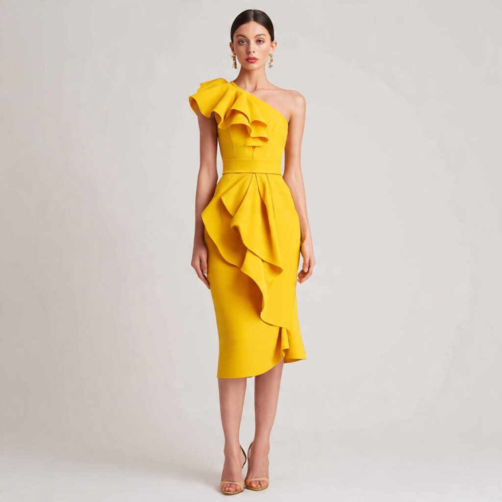 25 Best Plus Size Wedding Outfit Ideas: Stunning Styles for Every Celebration 22 Contemporary Asymmetrical Neckline Sheath