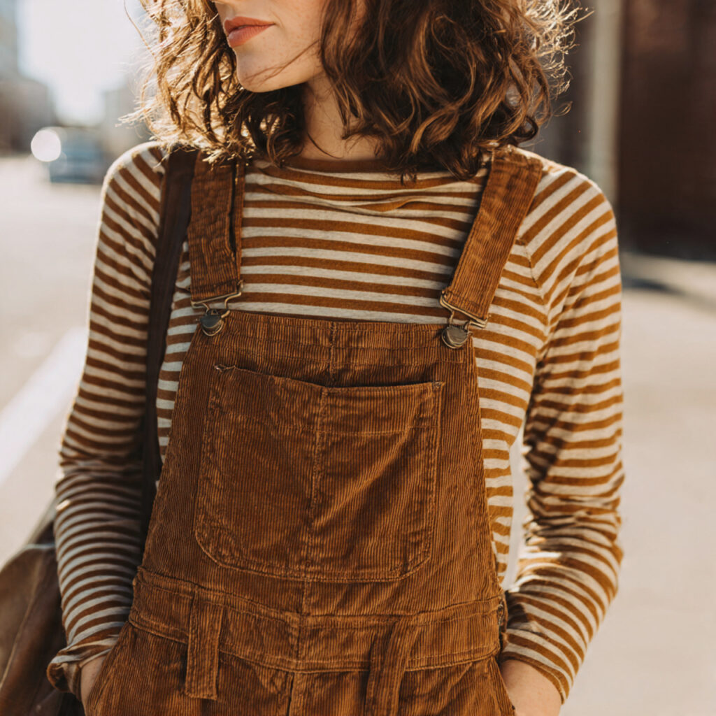 25 Trendy Western Outfit Ideas to Upgrade Your Wardrobe 10 Corduroy Overall and Striped Top Idea