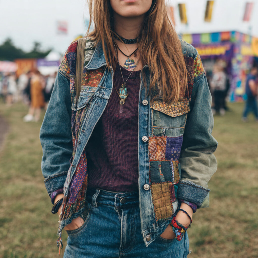 25 Trendy Festival Outfit Ideas to Elevate Your Music Festival Style 21 Denim on Denim Patchwork Idea
