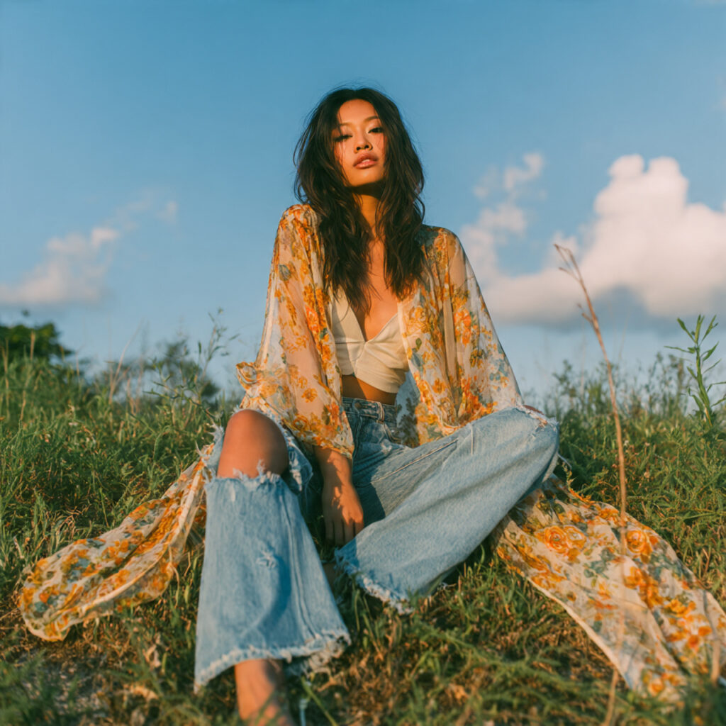 Distressed Denim Flares and Floral Kimonos