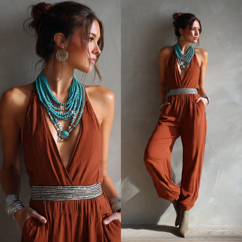 Earth Tone Jumpsuits with Chunky Turquoise Jewelry