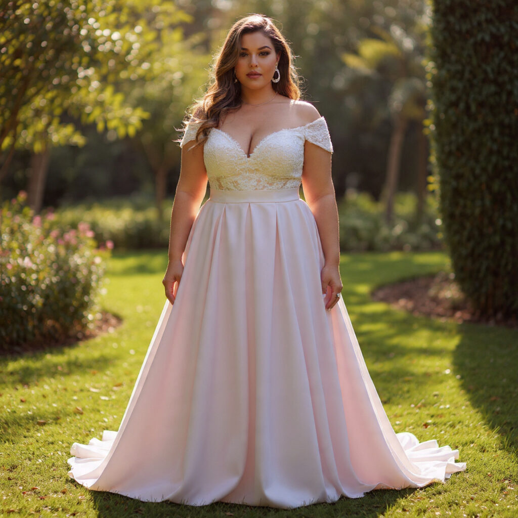 25 Best Plus Size Wedding Outfit Ideas: Stunning Styles for Every Celebration 7 Elegant Off the Shoulder Bardot Style