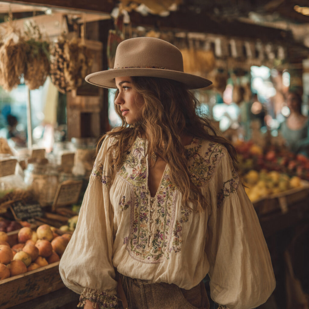 Embroidered Peasant Blouses with Wide Brim Hats