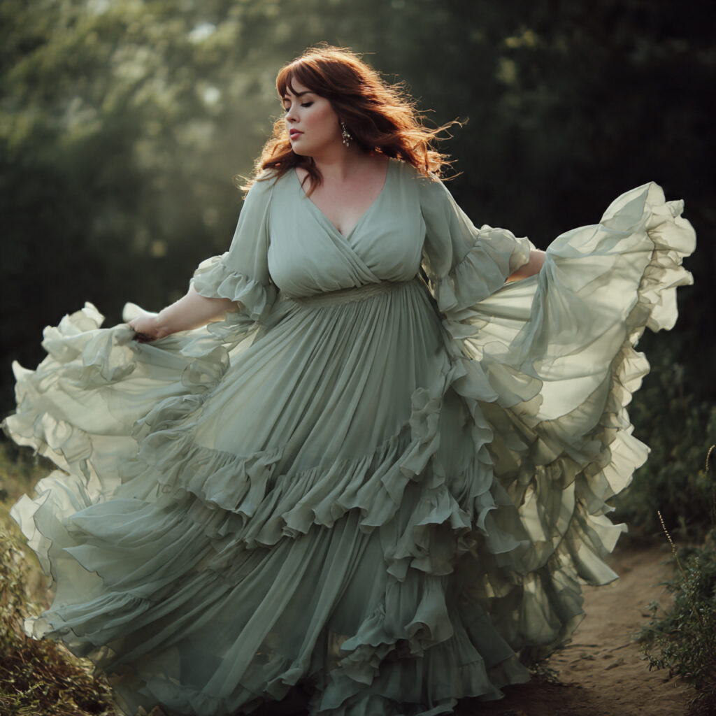 25 Best Plus Size Wedding Outfit Ideas: Stunning Styles for Every Celebration 14 Ethereal Sage Green Layered Ruffles