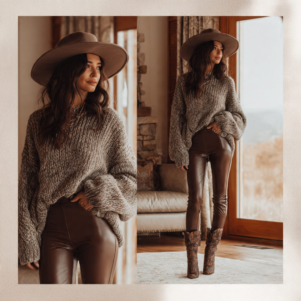 25 Trendy Western Outfit Ideas to Upgrade Your Wardrobe 13 Faux Leather Leggings and Chunky Knit Idea