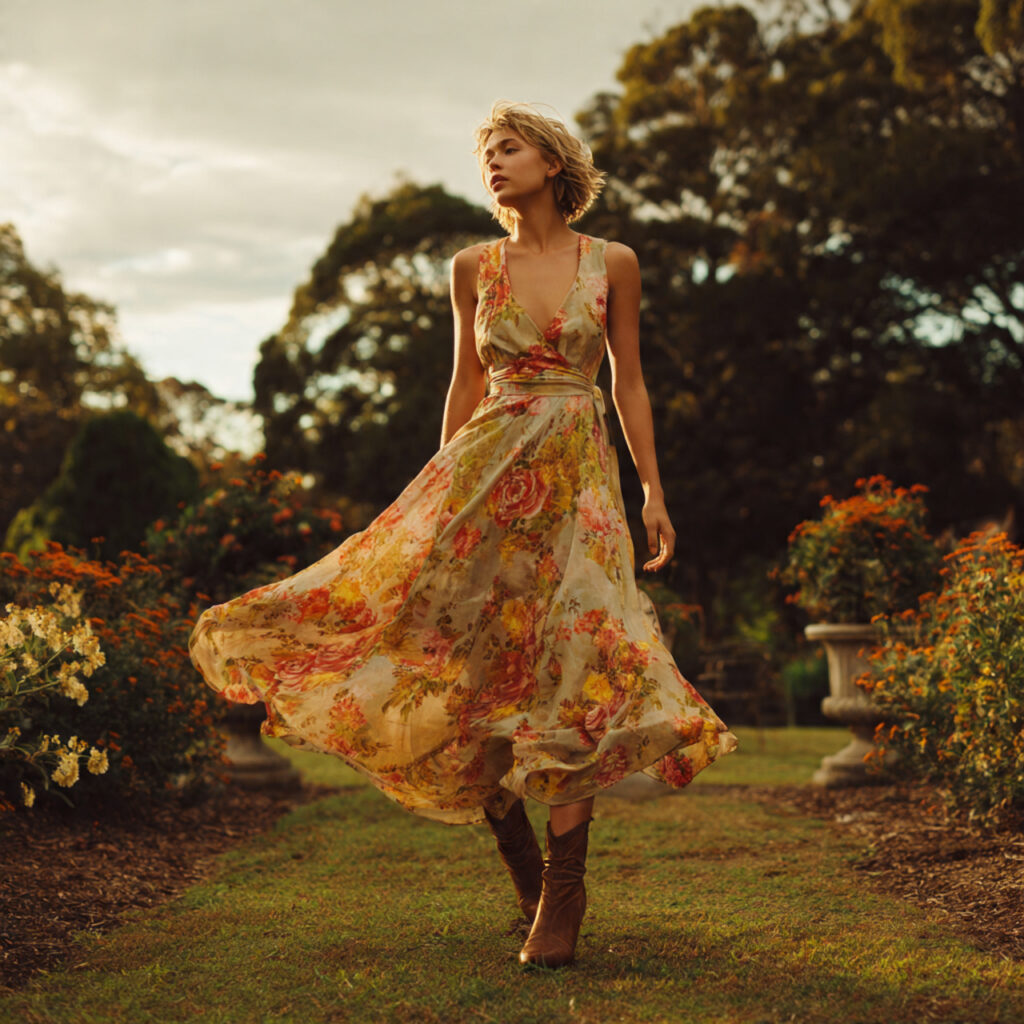 Floral Maxi Dress and Heeled Ankle Boots